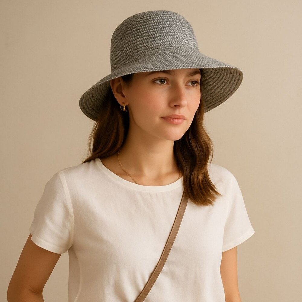 Sonoma Wide Brimmed Hat Chic Gray White Woven Straw Coastal Breeze Cruise Fashio